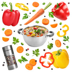 Vegetables around pot with soup on white background