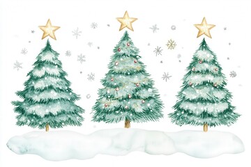 Fototapeta premium Three green trees with a star on top and snow on the ground