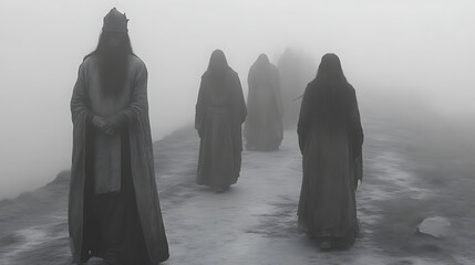 Crowned figure leads hooded figures in fog.