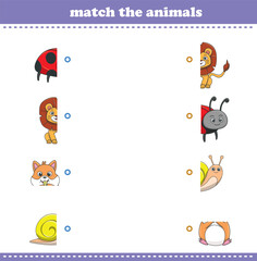 Match halves of cute cartoon wildlife animals. Logical game for kids