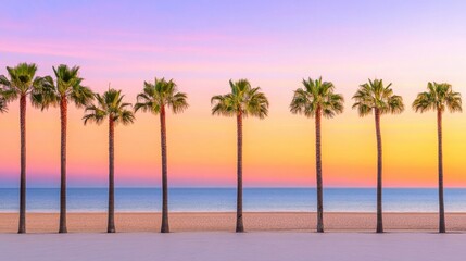 Obraz premium Serene Sunset Over Palm Trees at Beachside with Vibrant Sky Colors