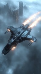 Naklejka premium Futuristic spaceship flying above cloudy cityscape.