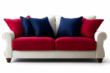 Stylish Modern Sofa with Red and Navy Blue Cushions on a White Background for Contemporary Interior Design