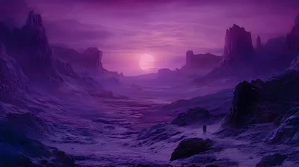 Selbstklebende Fototapeten A lone figure walks a purple alien landscape © Lucky Spark