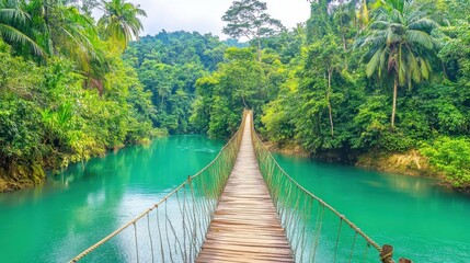 Fototapeta premium Serene Wooden Bridge Over Turquoise River Surrounded by Lush Green Forest