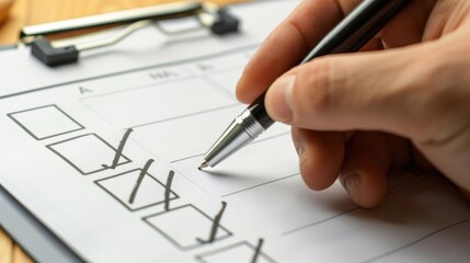 A hand checks off items on a clipboard checklist with a pen.