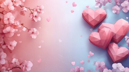 Pink Polygonal Hearts and Cherry Blossoms Design