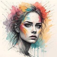 Abstract portrait of a woman with vibrant brushstrokes and colorful splashes