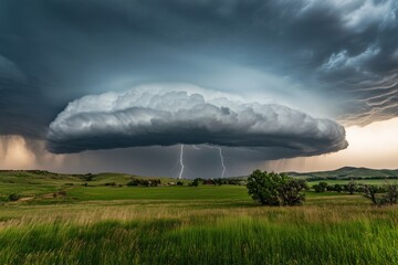 Storm clouds in atmospheric turbulence, thunderhead gray and lightning white, storm break