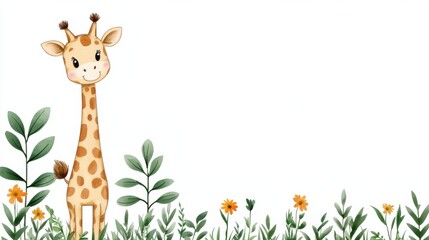 Fototapeta premium Whimsical Illustrated Giraffe in Green Forest Habitat