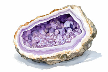 Beautiful Purple Amethyst Geode with Crystals and White Rock Background for Nature Illustrations and Designs