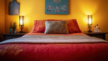 Cozy Bedroom Setting with Colorful Bedspread and Decorative Accents