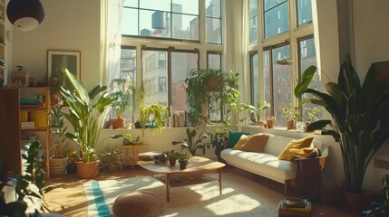 Obraz premium Sunlit living room with many plants and a white sofa.