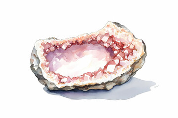 Geode with Pink Crystal Interior and White Exterior in Watercolor Style