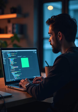 programmer works laptop coding software browsing iot devices