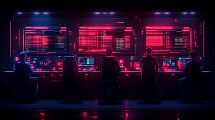 Fototapeta premium Cyber security team monitoring digital data streams in dark control room.