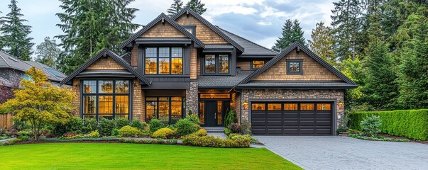 A suburban house with large windows and a welcoming exterior, offering a perfect blend of modern comfort and luxury. The home stands as an ideal representation of upscale residential living.