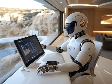Robot using computer in modern home.