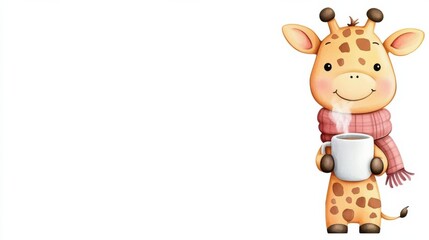 Fototapeta premium Cute Cartoon Giraffe in Scarf Holding a Mug of Hot Drink Against White Background