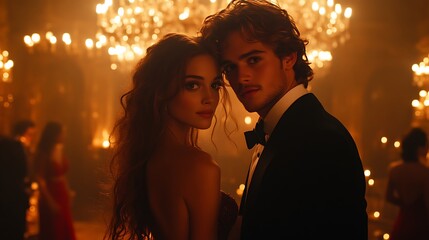 Romantic couple at a glamorous ball.