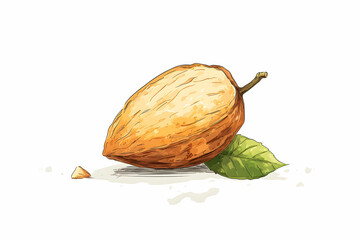 Hand-drawn Cocoa Pod on White Background with Leaf and Piece of Cocoa Bean for Food and Nutrition Concepts