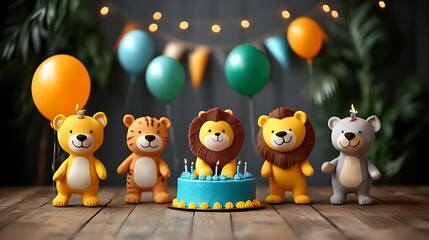 Obraz premium Cute animal figurines celebrating a birthday with cake and balloons.