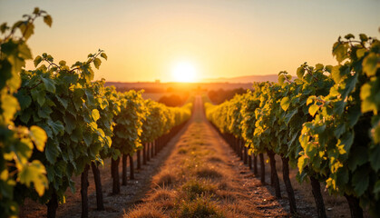 Winery Vineyard Rows at Sunset in Golden Hour Lighting with Serene Ambiance