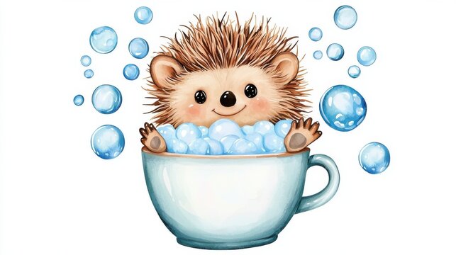 Adorable Hedgehog Enjoying a Bubble Bath in a Cozy Mug