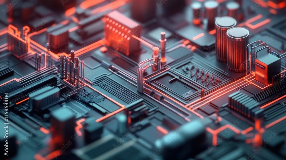 Poster futuristic circuit board with neon highlights and intricate details, showcasing advanced technology 