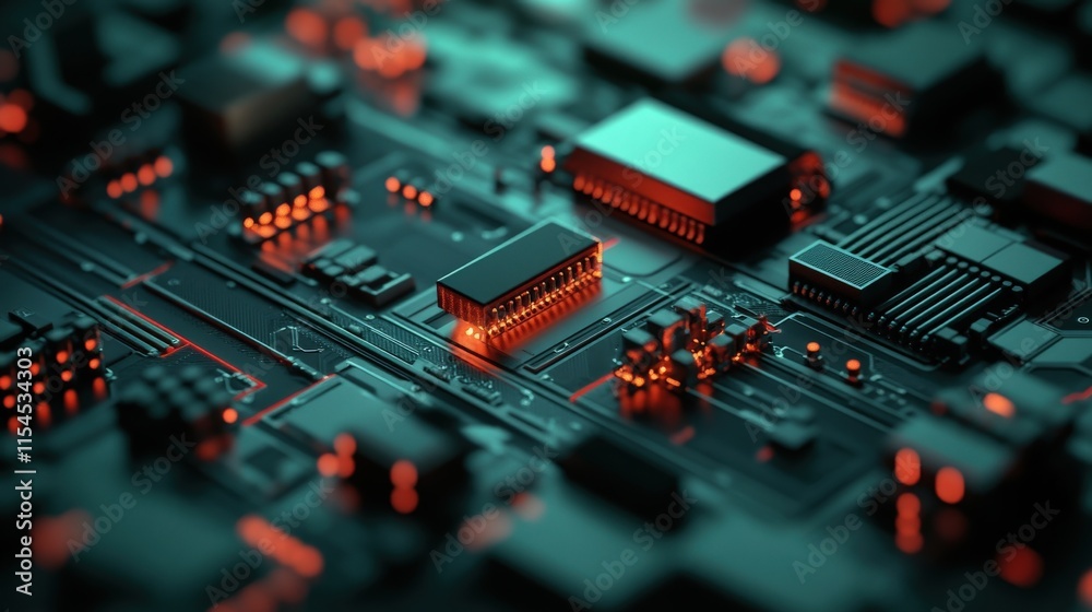 Poster close-up view of a circuit board with glowing elements, showcasing advanced technology and innovatio