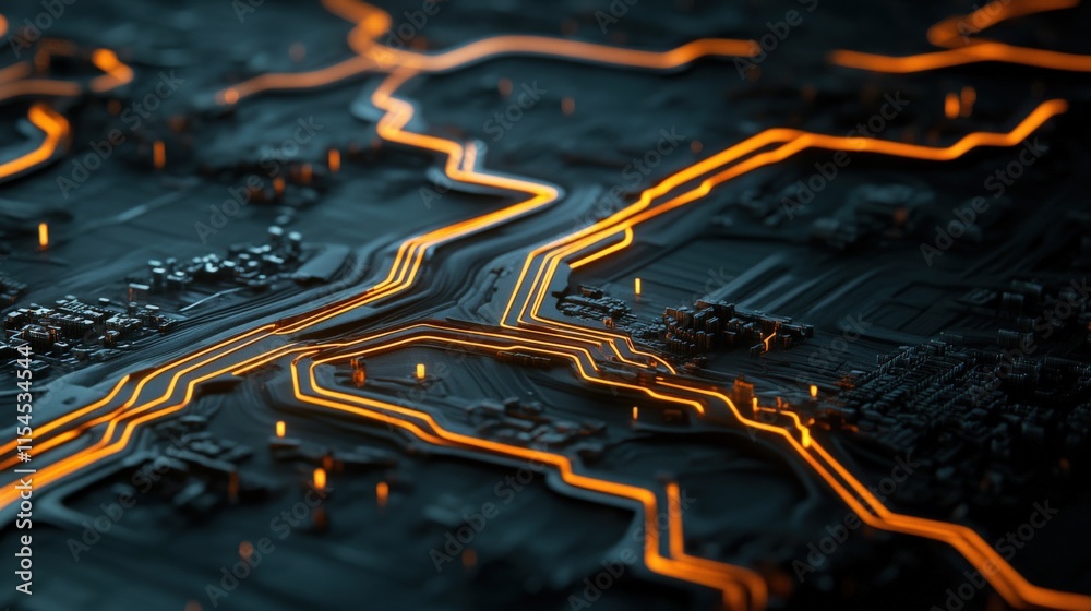 Poster abstract digital circuit board with glowing orange lines and dark background, perfect for technology