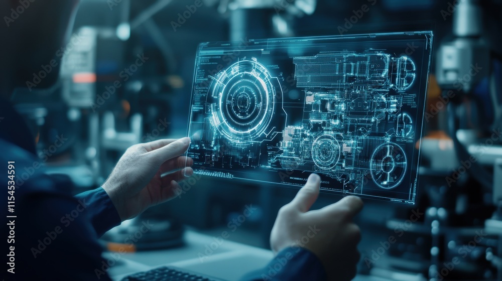 Aufkleber Person Analyzing Digital Interface Displaying Advanced Technology and Engineering Concepts in a Laboratory Environment for Innovative Research and Development