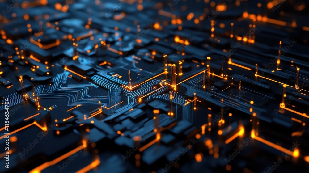 Aufkleber Abstract Digital Technology Background Featuring Glowing Orange Circuitry on a Dark Base with Complex Patterns for Futuristic Design Themes and Innovations