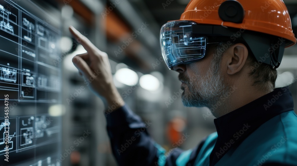 Poster Man in Safety Helmet Using Augmented Reality Glasses to Interact with Virtual Displays in a Modern Industrial Manufacturing Environment