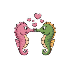 An illustration of two animated seahorses, one pink and one green, positioned facing each other. They are in a loving embrace,
with their snouts touching