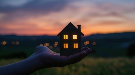 A hand holds a lit wooden house against a sunset backdrop, symbolizing warmth and home.