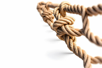 Detailed Close-Up of an Intricate Natural Fiber Rope Knot Isolated on a White Background with Soft Focus Elements