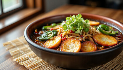 Vegetarian Japanese Ramen Bowl with Vibrant Vegetables in Rustic Setting