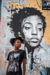 Obraz premium Young Woman Posing Against Urban Street Art Mural Background