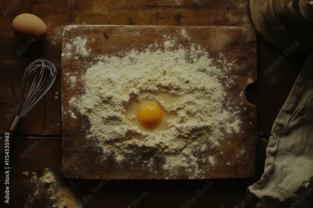 Poster top view of a rustic wooden board with scattered flour and a cracked egg ready for baking in a cozy 