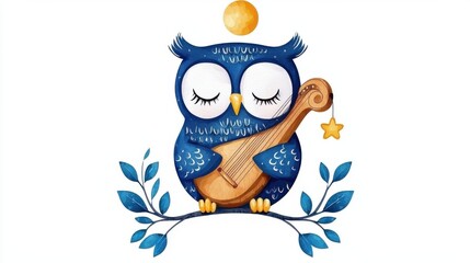 Obraz premium Cute Sleeping Cartoon Owl Perched on Branch with Starry Night Sky