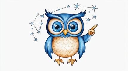 Obraz premium Adorable Cartoon Owl Surrounded by Starry Celestial Night Sky