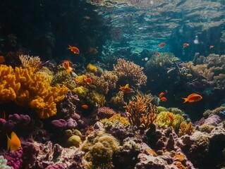 Naklejka premium Vibrant Coral Reef with Colorful Fish Underwater Scene