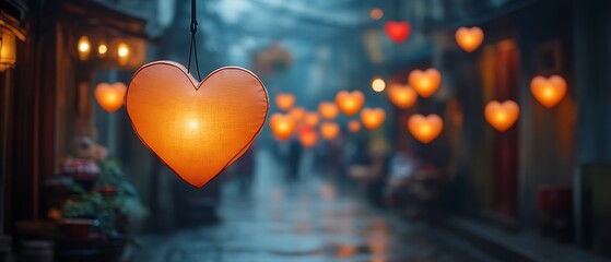Glowing heart lanterns illuminate a romantic, rainy alleyway.