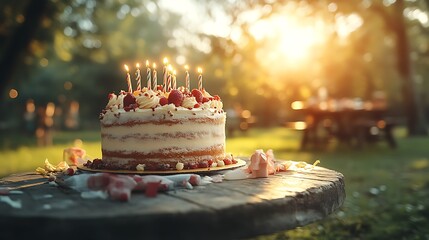 Birthday cake with candles outdoors at sunset.