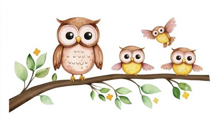 Fototapeta premium Adorable Cartoon Owls Perched on a Leafy Tree Branch