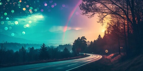 Picturesque landscape with illuminated path at dusk, surrounded by firs and trees, with colorful bokeh and star effects in the sky