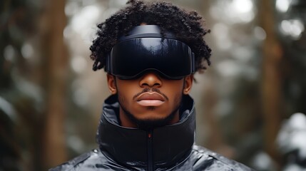 Man wearing VR headset in forest.