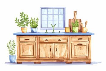 Charming Wood Kitchen Counter with Fresh Herbs and Natural Light Streaming Through a Window