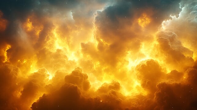 Fiery orange and yellow clouds illuminated from within, resembling a celestial inferno or storm.